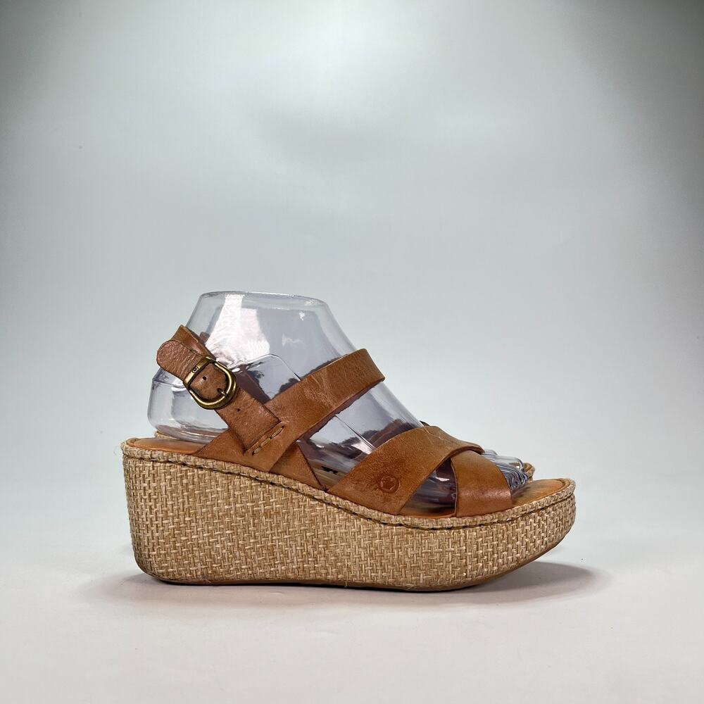 Børn Tan Cognac Leather Casual Crisscross Platform Wedge Sandals Women's Size 8M